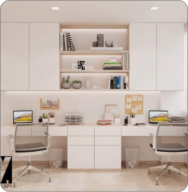 Comfortable office with plants, wooden desk, and two black chairs